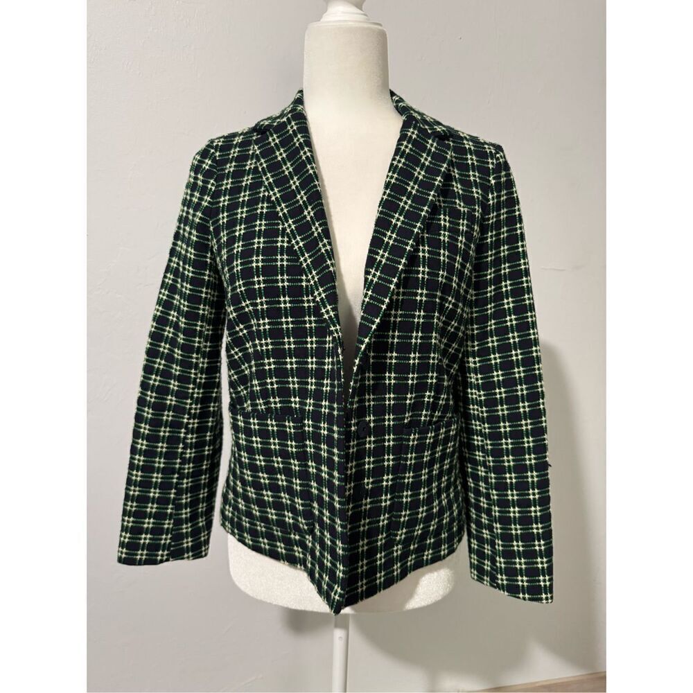 J. Crew green plaid textured Embroidered cotton blazer size 6 snap buttons